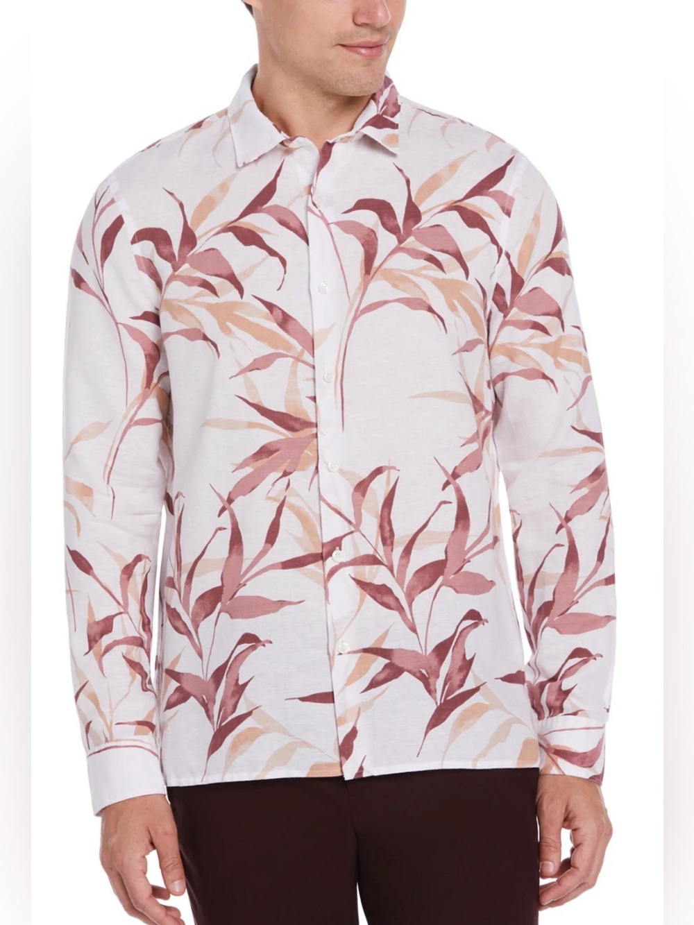 Perry Ellis Sepia Rose Leaf Print Linen Cotton Untucked Long Sleeve Shirt NEW